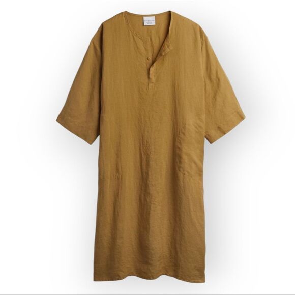Parachute 100%Linen Flax Ochre Yellow Tan Midi Dress V-Neck Elbow-Length Sleeves - Picture 2 of 8